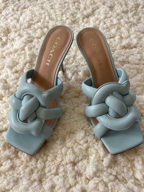 COACH Pale Blue Knotted Leather Slide Mules